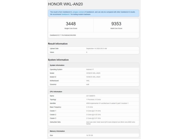 Honor Magic9 Pro Max exécute Geekbench et révèle son chipset et sa quantité de RAM