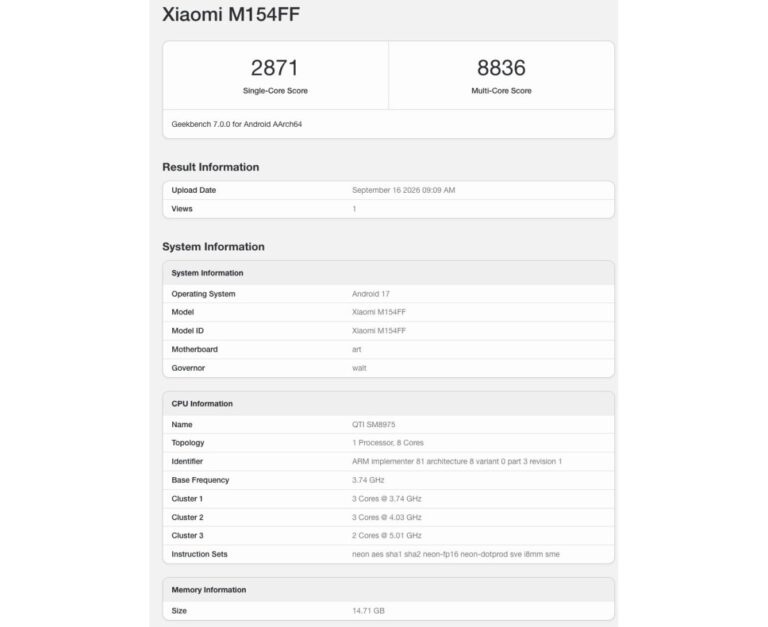 Xiaomi 18 Pro exécute Geekbench confirmant son chipset