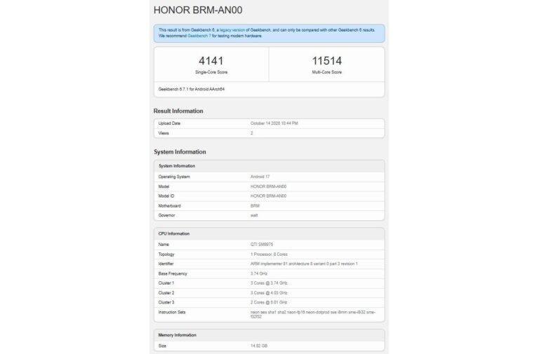 Honor Win2 apparaît sur Geekbench confirmant son chipset